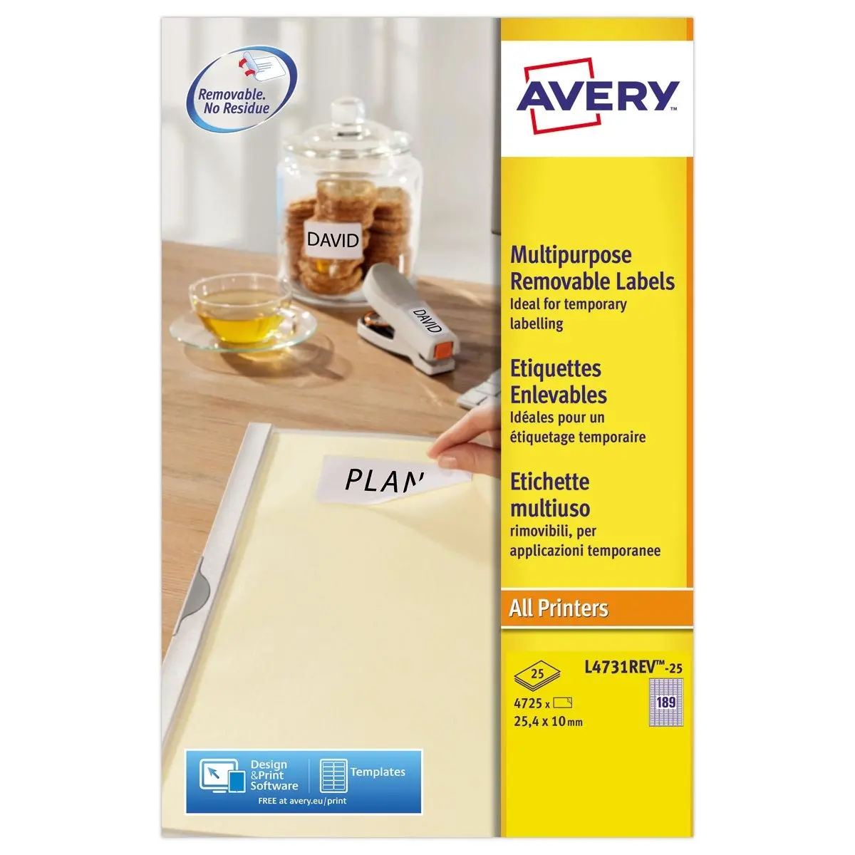 25 Planches de 189 étiquettes blanches enlevables - 25,4x10mm - AVERY photo du produit