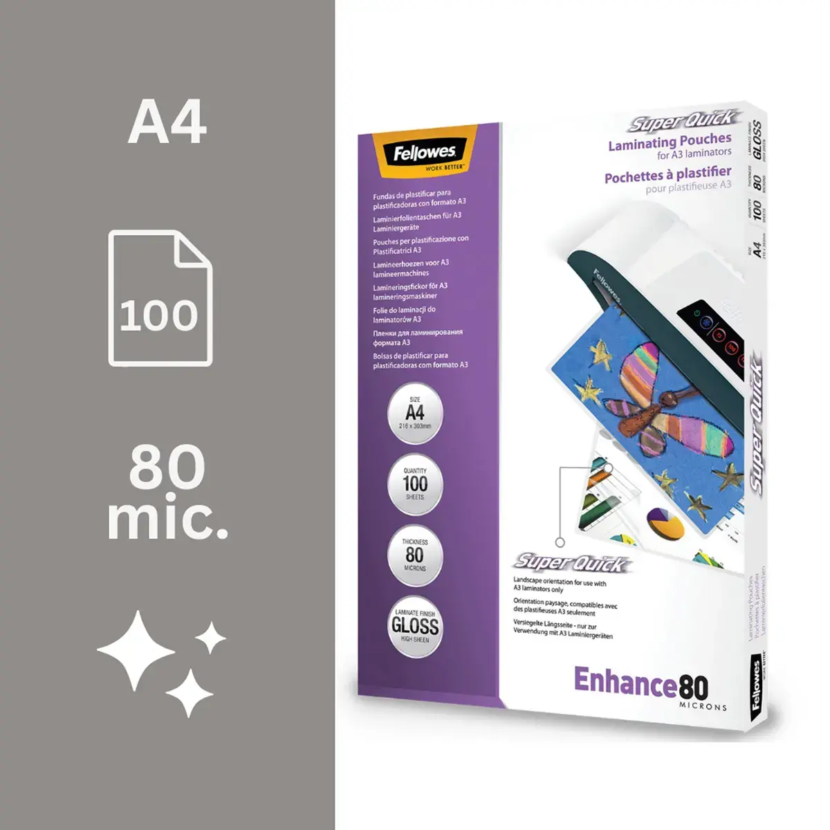 100 Pochettes de plastification SuperQuick brillantes - A4 - 80 microns - Fellowes photo du produit