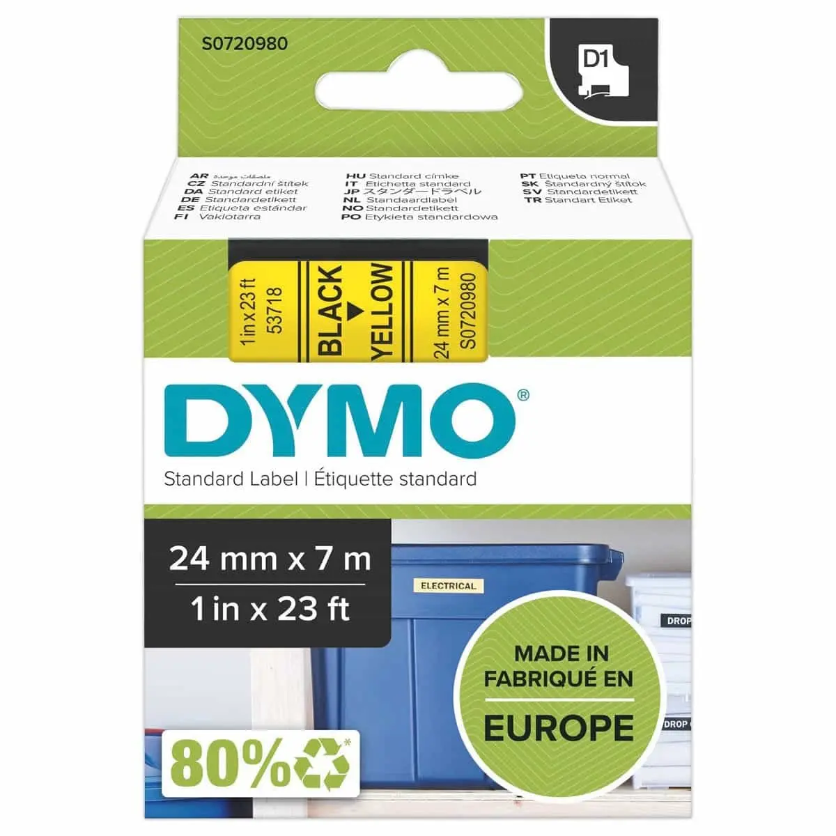 Ruban D1 DYMO S0720980 - 7 m x 24 mm - Texte noir sur fond jaune photo du produit
