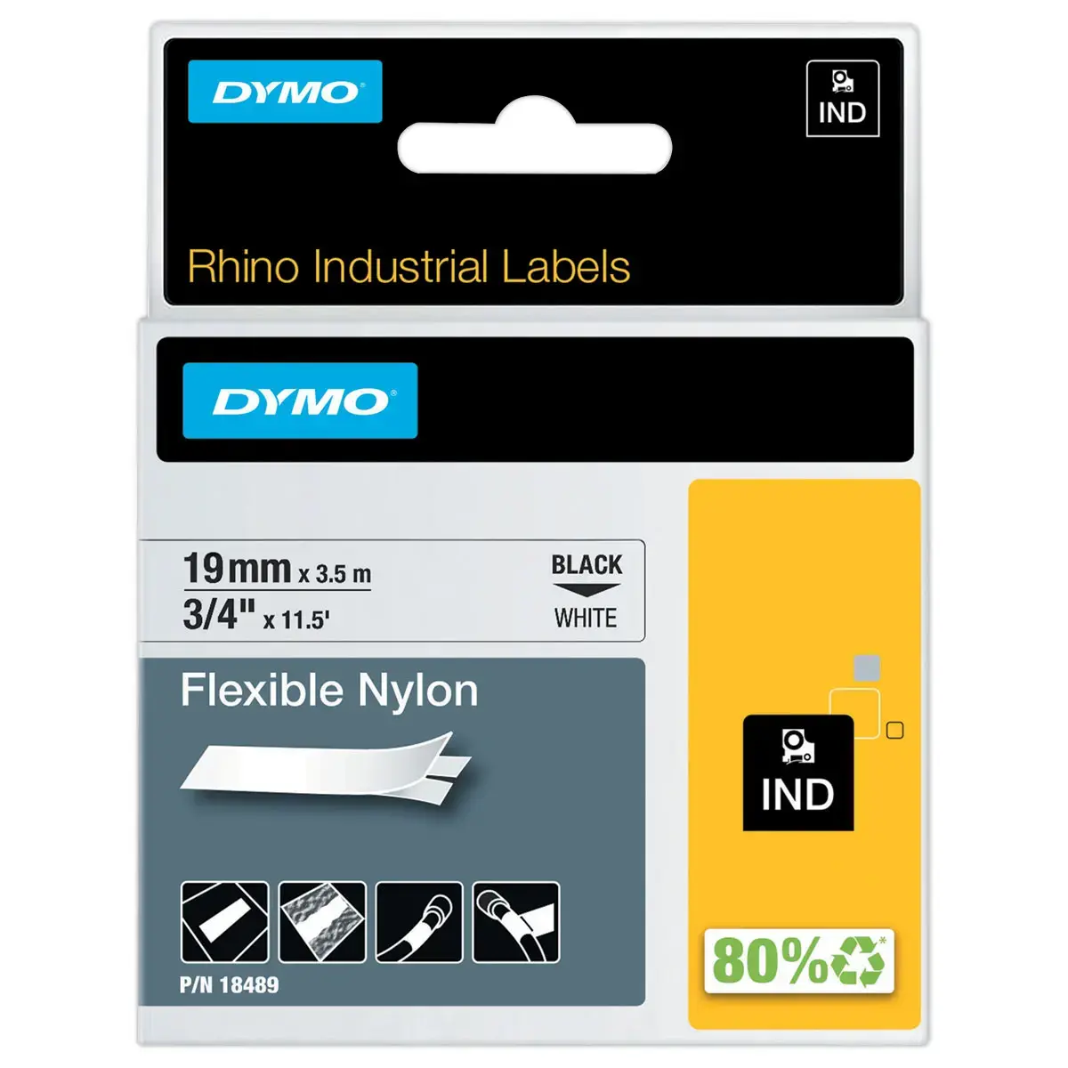 Ruban RHINO DYMO 18842 - 5,5 m x 9 mm - Texte noir sur fond blanc photo du produit