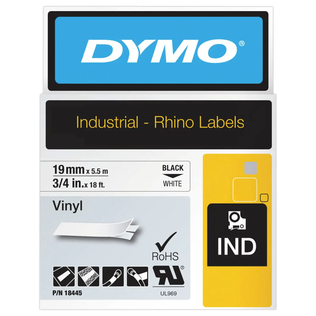 Ruban RHINO DYMO 18445 - 3,5 m x 19 mm - Texte noir sur fond blanc photo du produit
