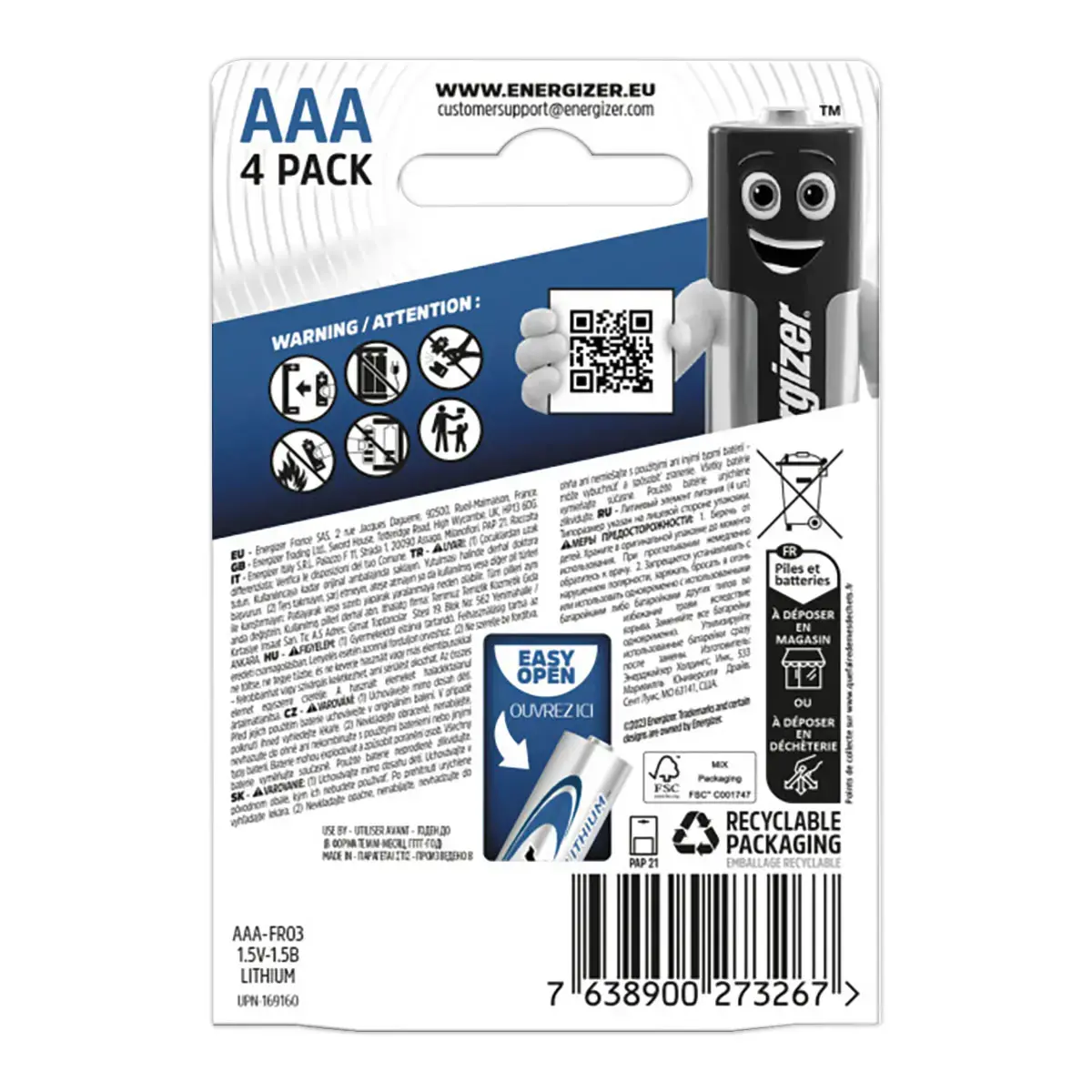 4 Piles LR3 (AAA) Ultimate Lithium Energizer 1,5V photo du produit