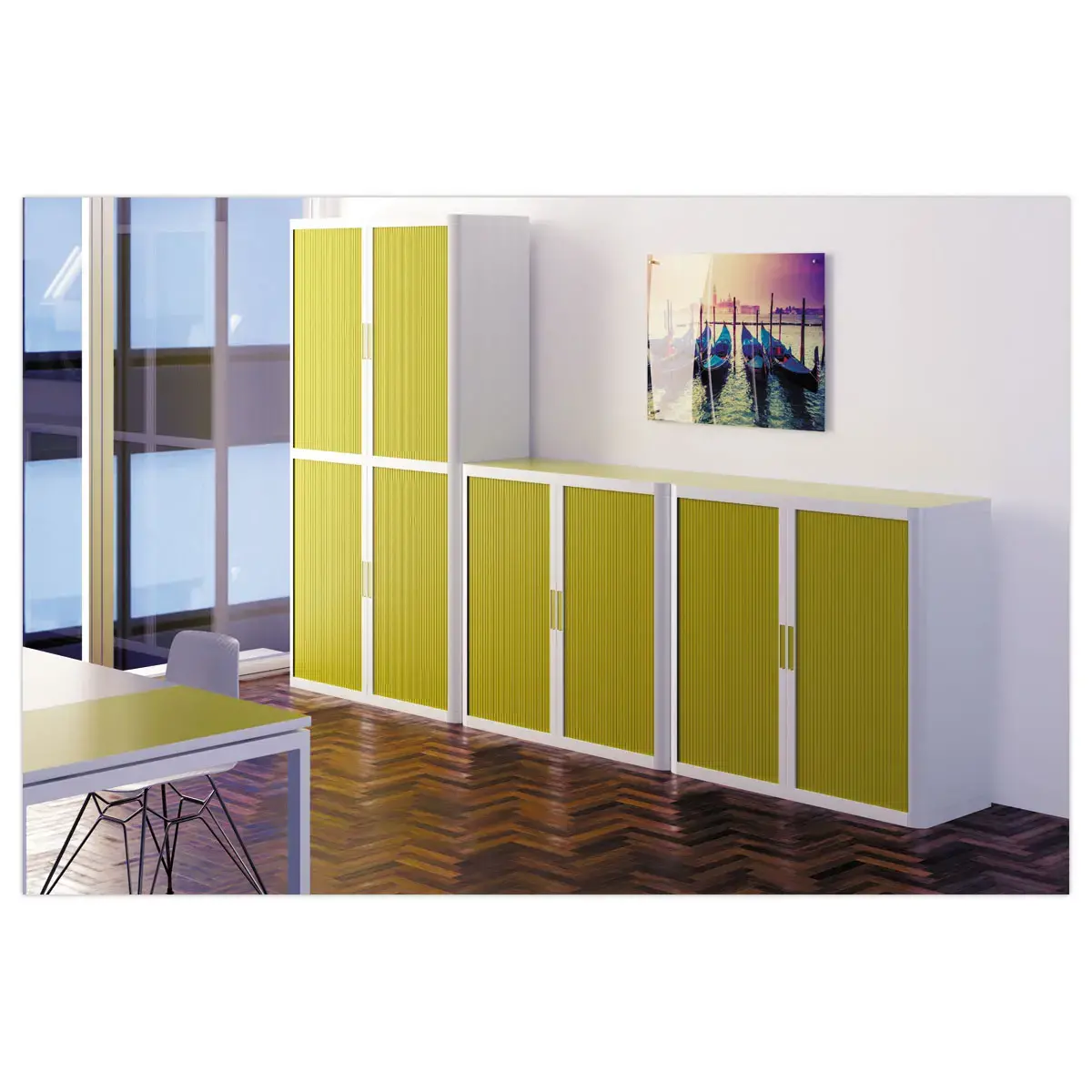 Armoire basse à rideaux Easyoffice - Blanc et vert anis - Paperflow photo du produit