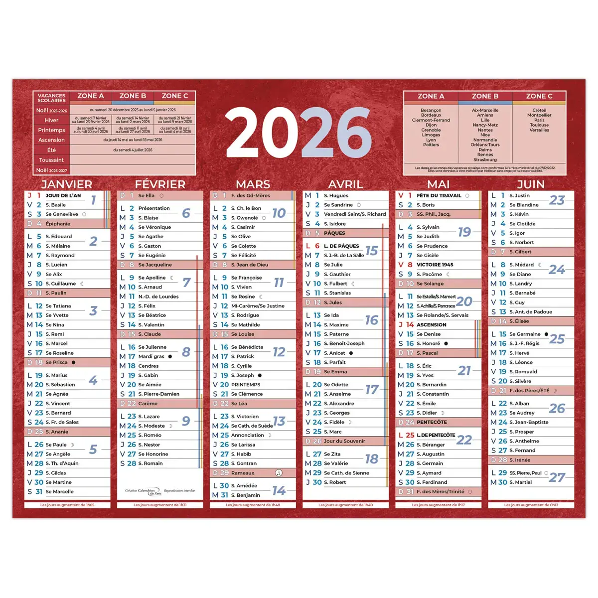 Calendrier de banque 2026 rouge 12 mois - 17,5 x 13,5 cm - BOUCHUT GRANDREMY photo du produit