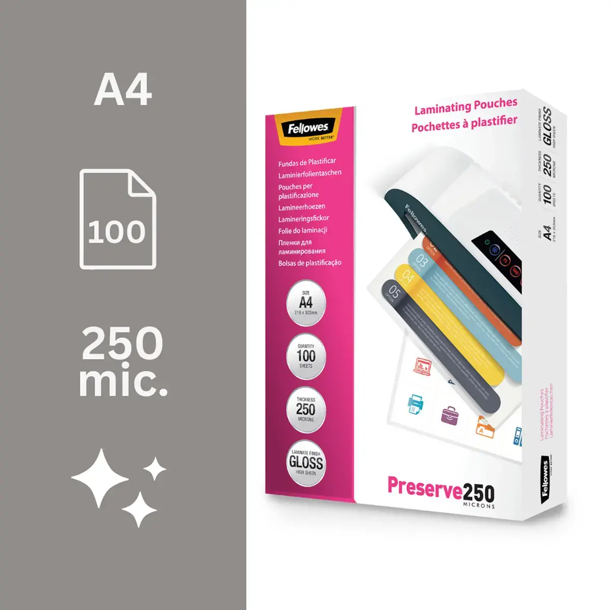100 Pochettes de plastification brillantes A4 - 250 µ - Fellowes photo du produit