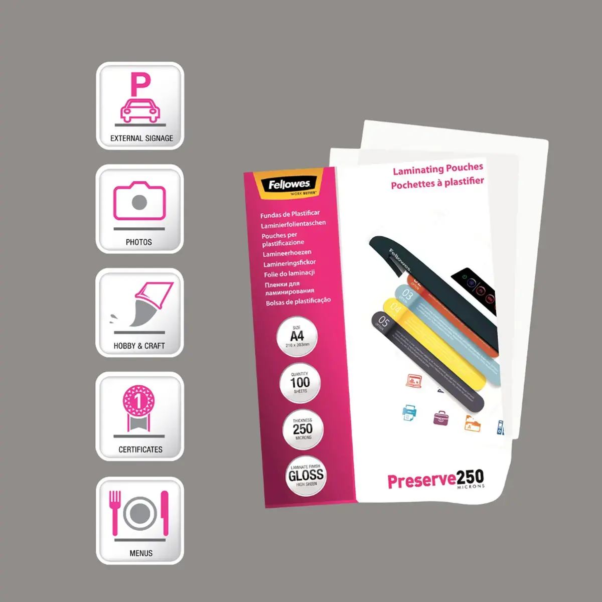 100 Pochettes de plastification brillantes A4 - 250 µ - Fellowes photo du produit