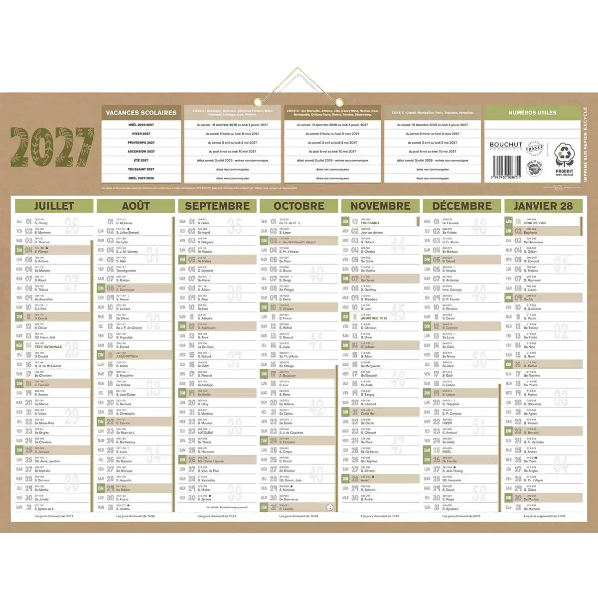 Calendrier 2027 banque Natura 14 mois - 55 x 43 cm - Janvier &agrave; d&eacute;cembre - BOUCHUT GRANDREMY photo du produit
