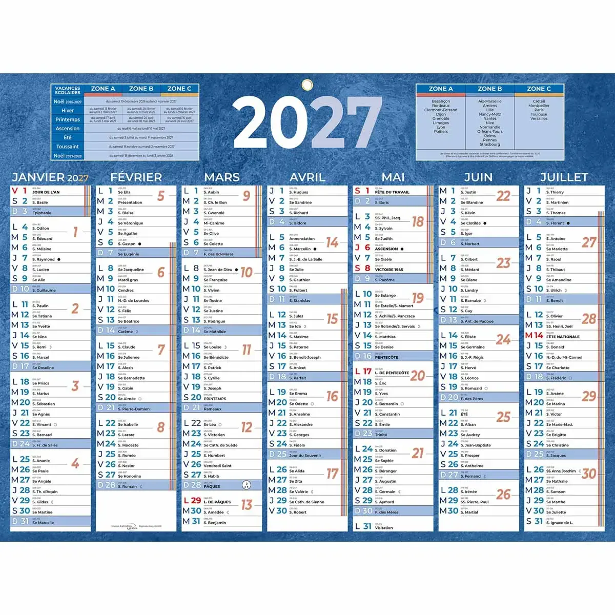Calendrier de banque bleu 13 mois - 42x32 cm - BOUCHUT GRANDREMY photo du produit