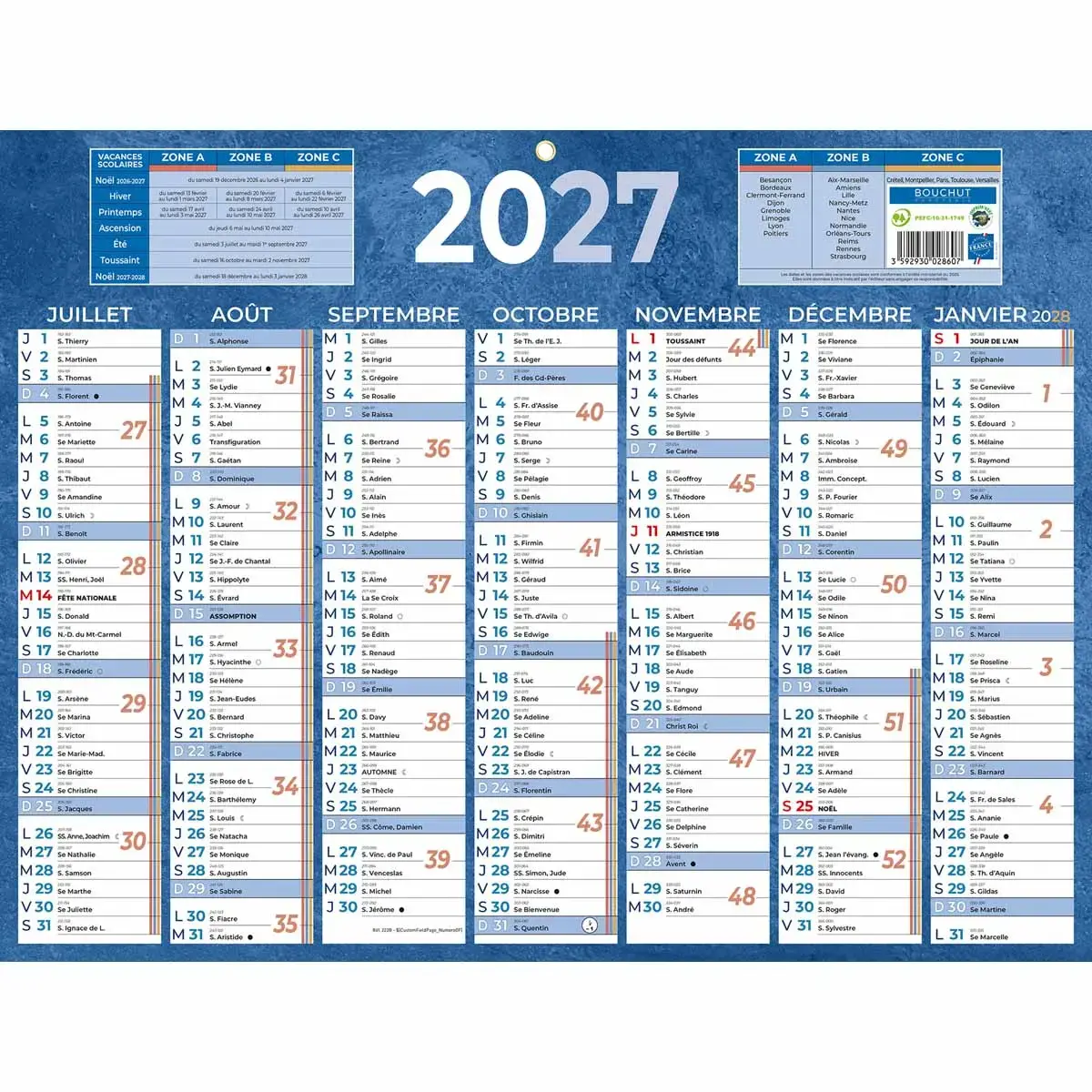 Calendrier de banque bleu 13 mois - 42x32 cm - BOUCHUT GRANDREMY photo du produit