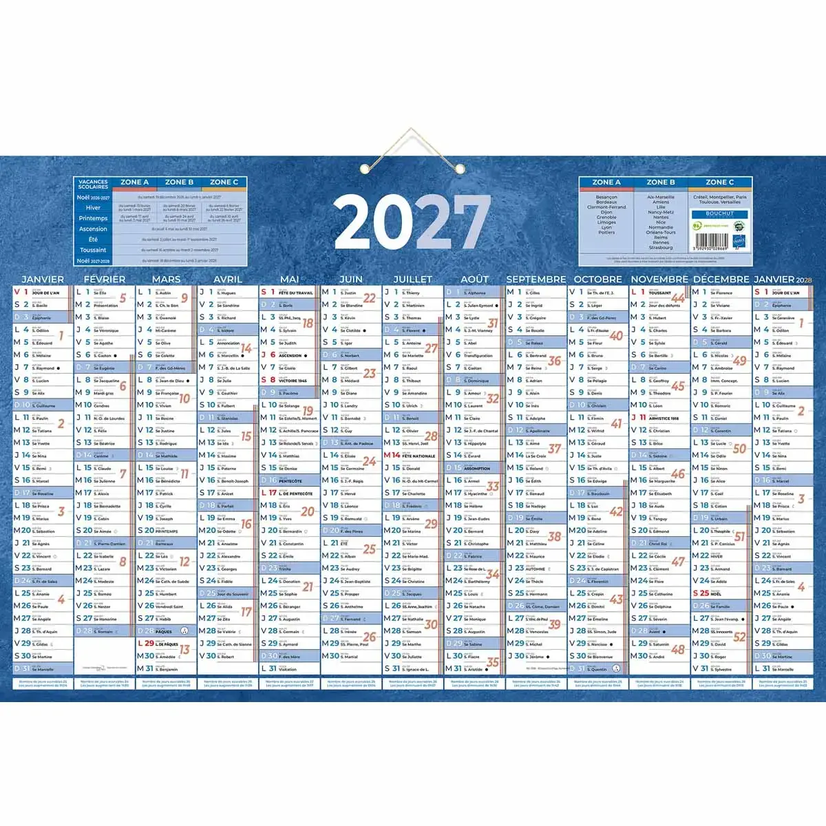 25 Calendriers banque Bleu - 65 x 43 cm - Janv/Janv - BOUCHUT GRANDREMY photo du produit