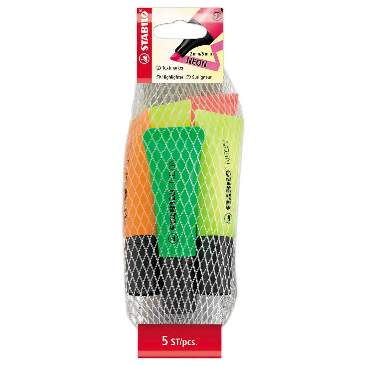 5 Surligneurs NEON - Pointe biseautée - Coloris assortis - STABILO photo du produit