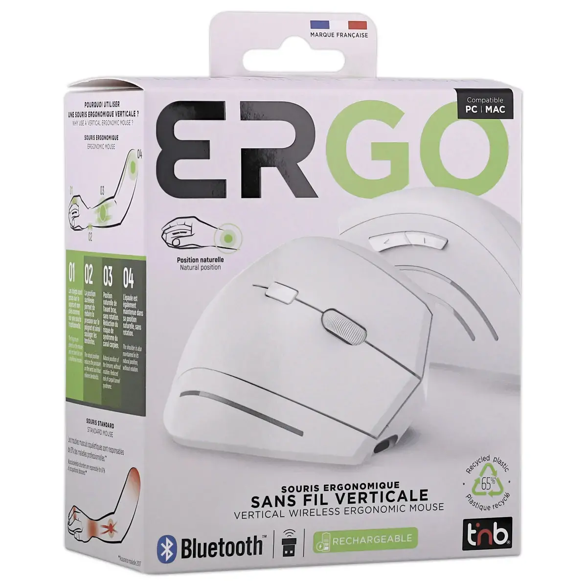 Souris ERGO sans fil - Verticale - Rechargeable - Blanc - T'NB photo du produit