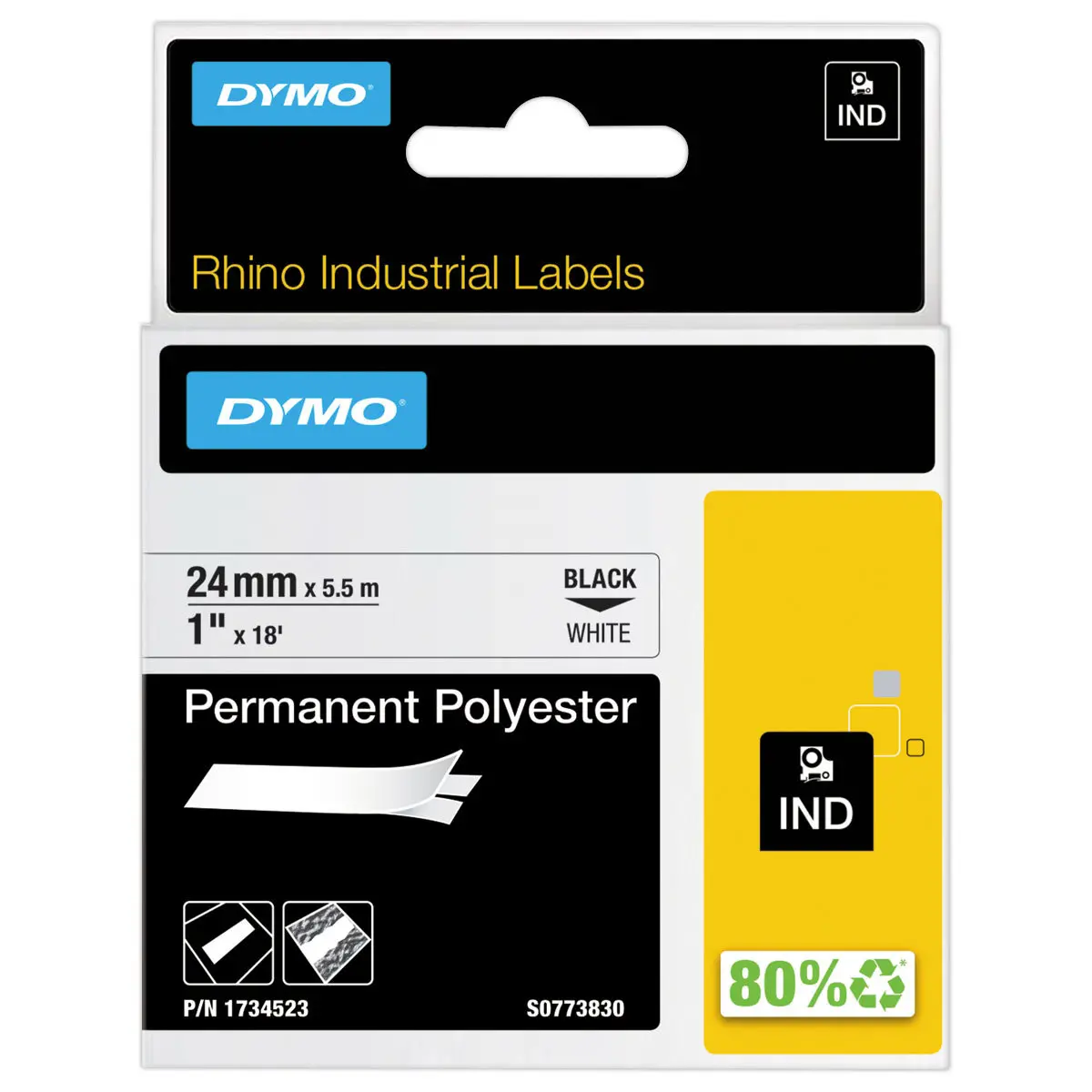 Ruban RHINO DYMO 1734523 - 5,5 m x 24 mm - Texte noir sur fond blanc photo du produit