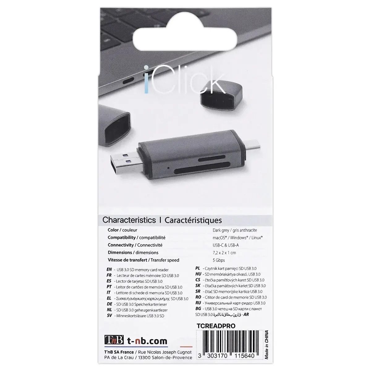 Lecteur Cartes 3 ports USB 3.0 - Aluminium - T'NB photo du produit