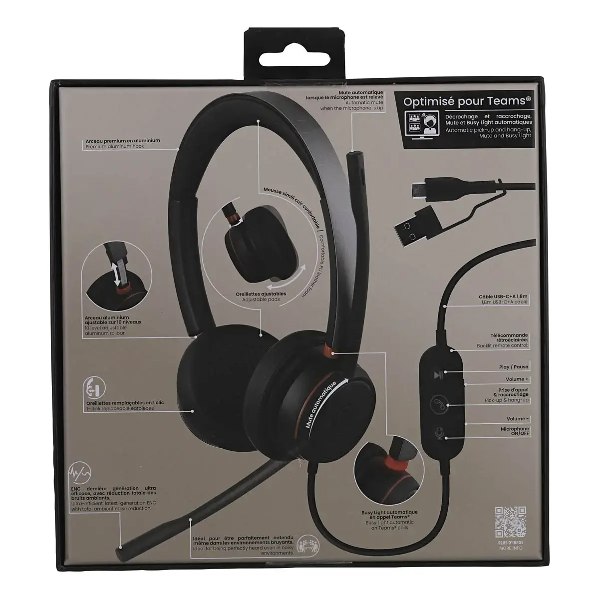 Casque-micro ACTIV 400S - USB-A/C - Noir - T'NB photo du produit
