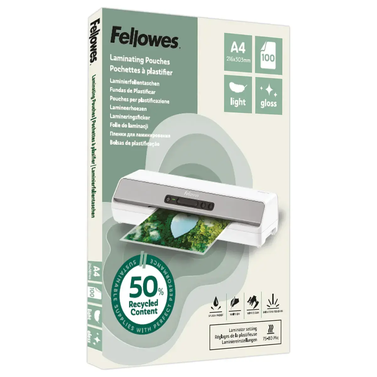 100 Pochettes de plastification brillantes - A4 - Recycl&eacute;es - Fellowes photo du produit