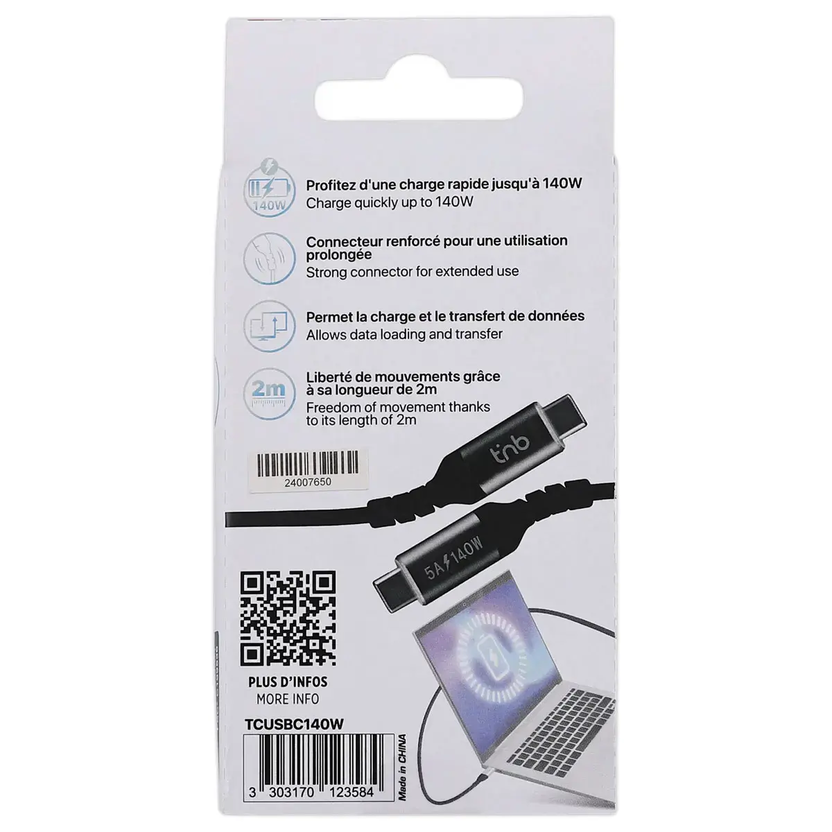 C&acirc;ble USB-C iClick 140W - 2m - Noir - T'NB photo du produit