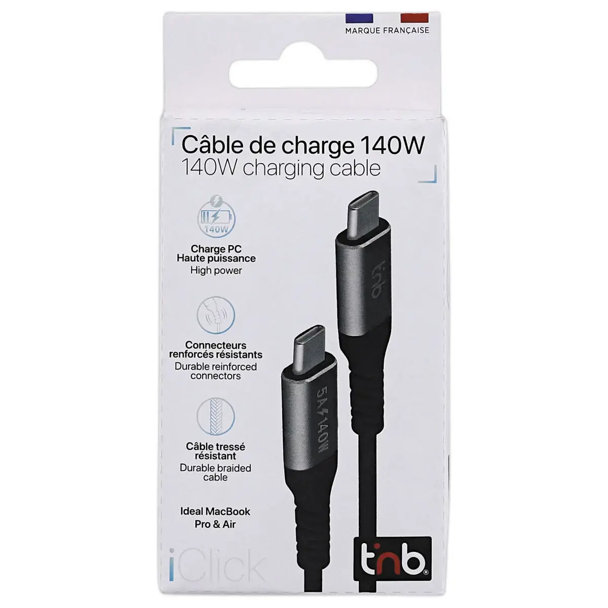 C&acirc;ble USB-C iClick 140W - 2m - Noir - T'NB photo du produit