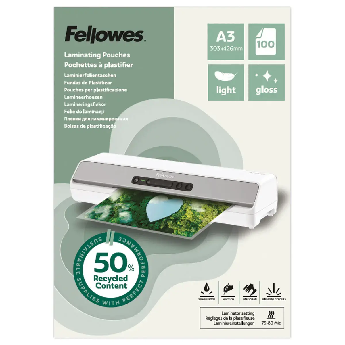 100 Pochettes de plastification brillantes - A3 - Recycl&eacute;es - Fellowes photo du produit