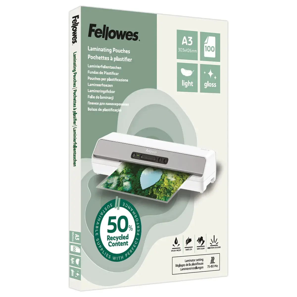 100 Pochettes de plastification brillantes - A3 - Recycl&eacute;es - Fellowes photo du produit