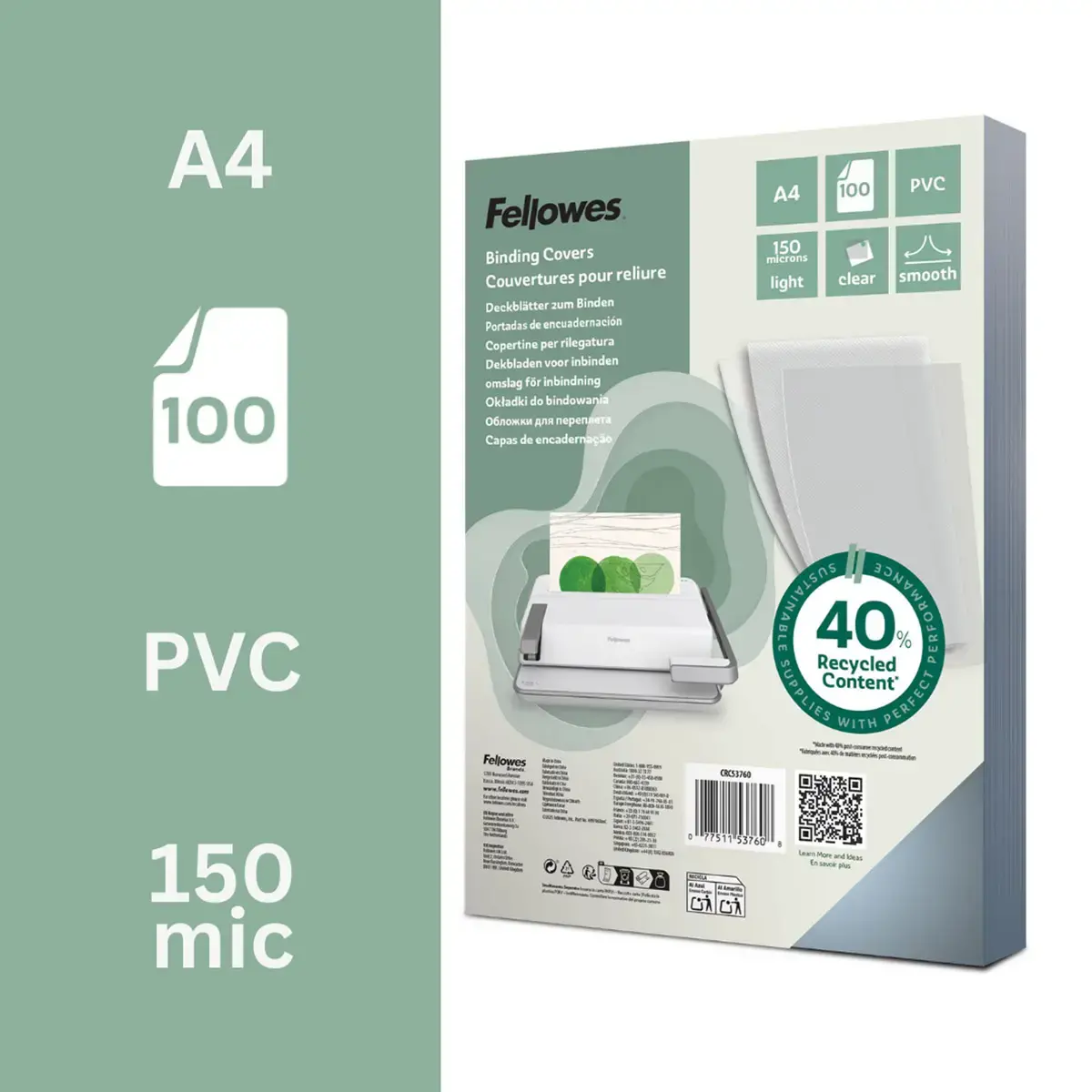 100 Couverture PVC cristal A4 - 150 microns - Fellowes photo du produit
