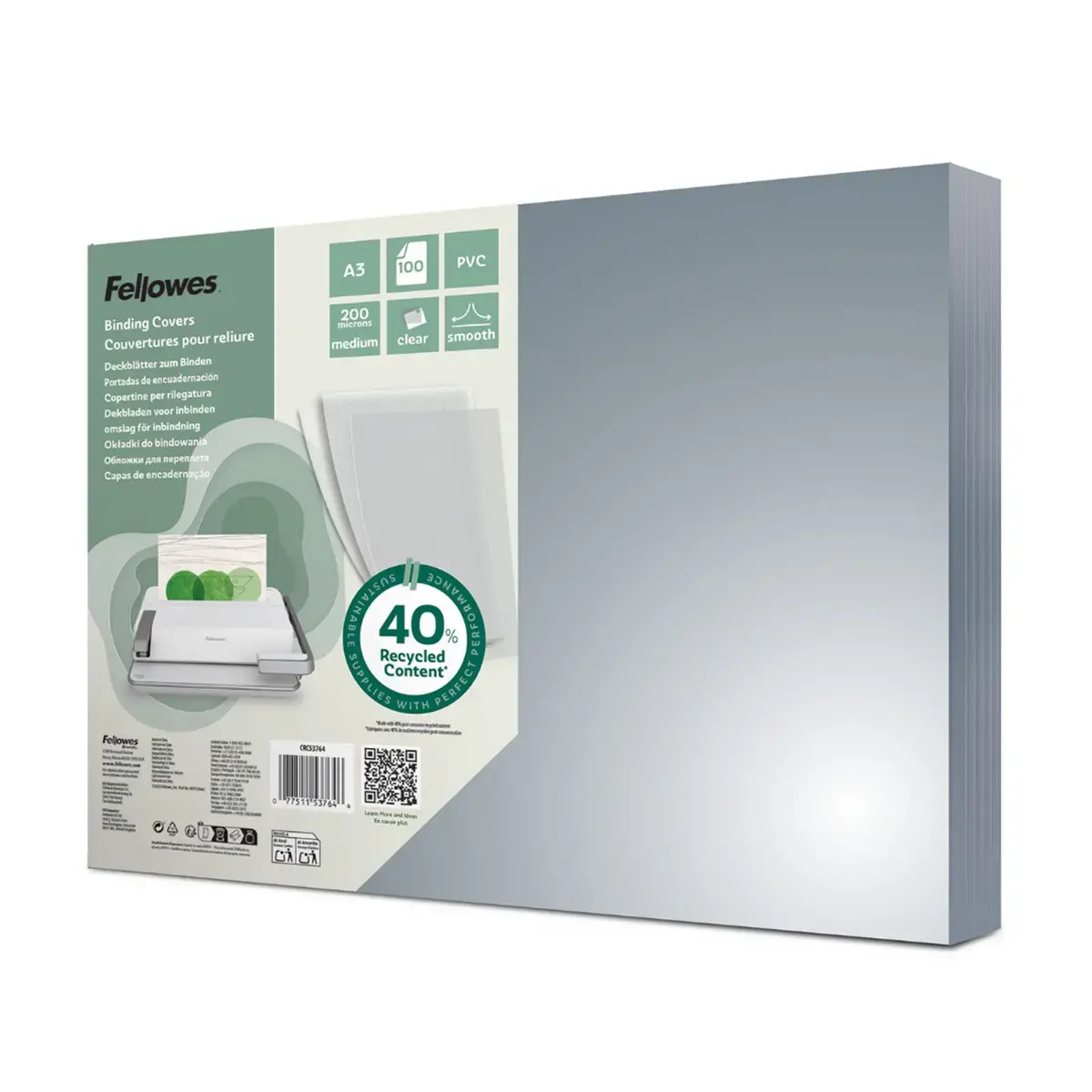 100 Couverture de reliure PVC cristal A3 - 200 microns - Fellowes photo du produit