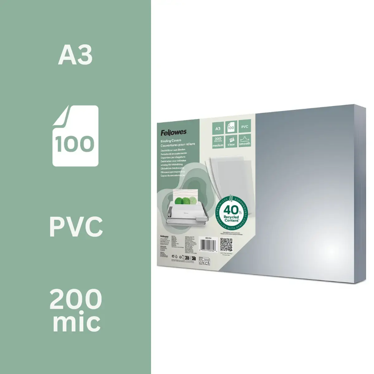 100 Couverture de reliure PVC cristal A3 - 200 microns - Fellowes photo du produit