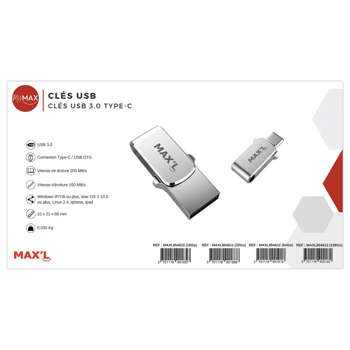 Clé USB double connectique 2.0 USB-A/USB-C 64Go photo du produit