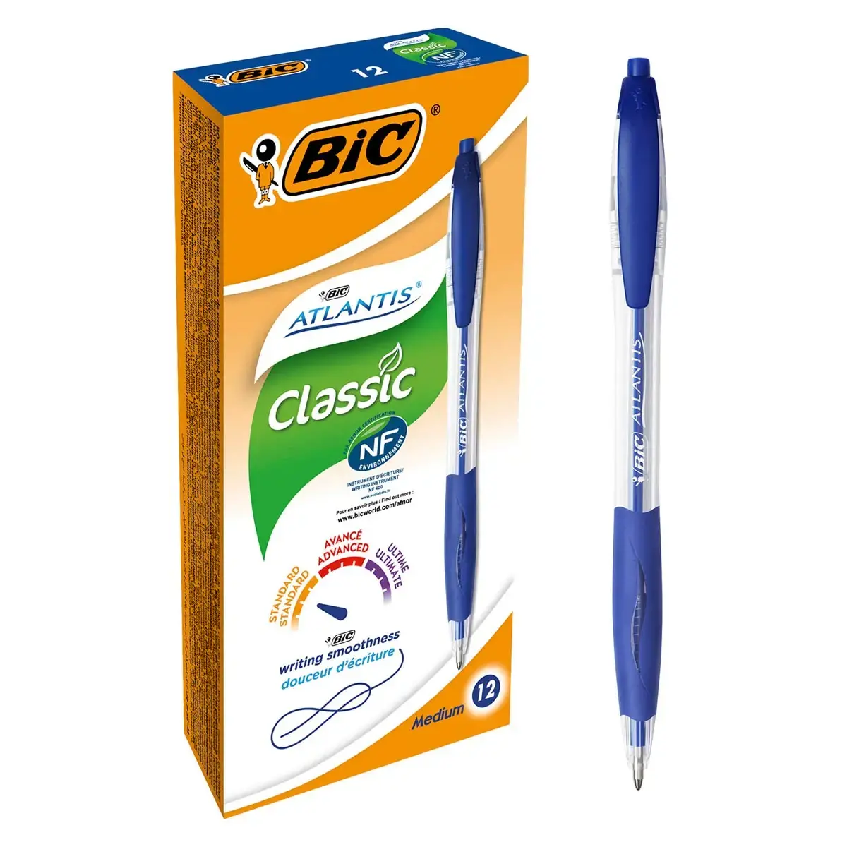 12 Stylos bille Atlantis Soft - Bleu + 1 surligneur jaune offert - BIC photo du produit