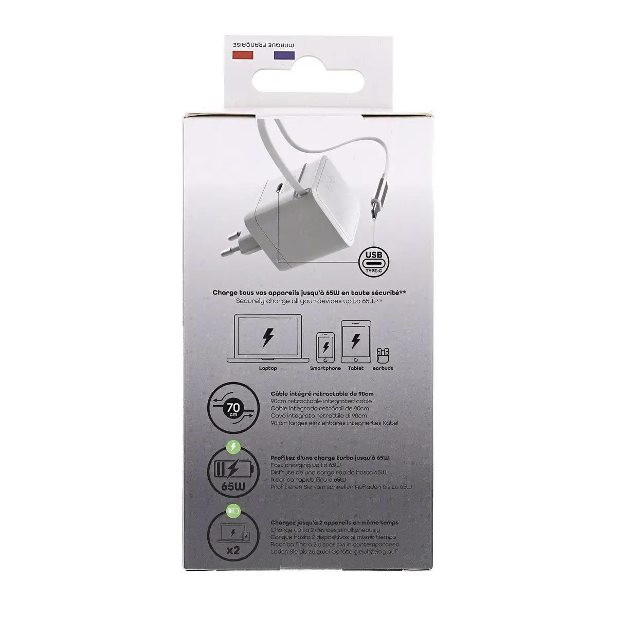 Chargeur GAN 3 USB 65W + c&acirc;ble photo du produit