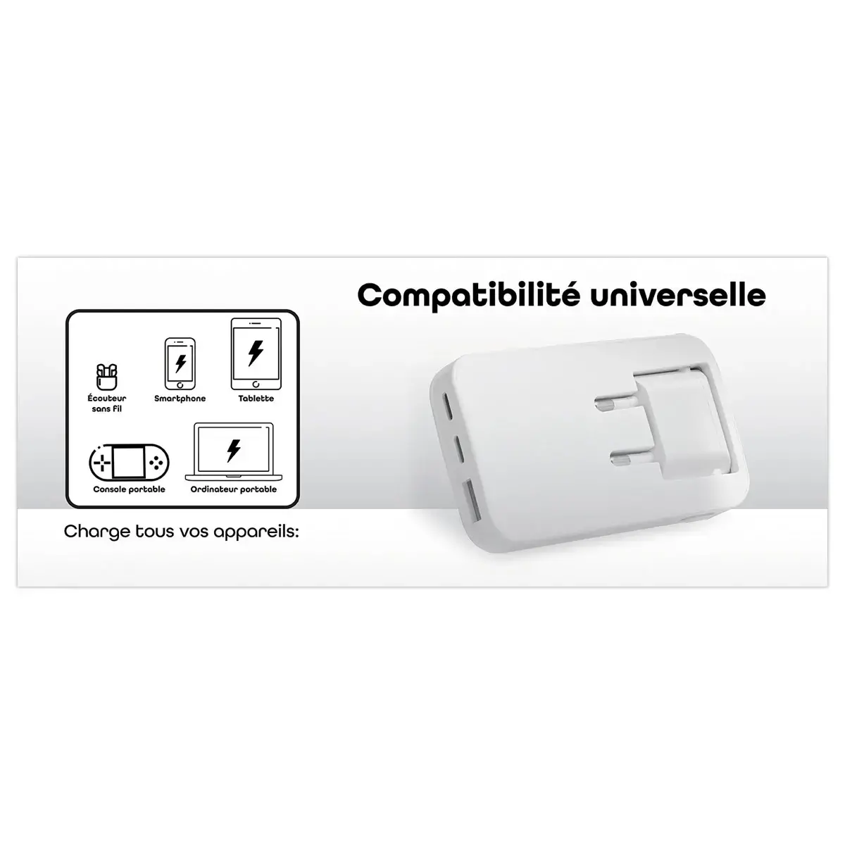 Chargeur Gan Pliable - Charge Rapide 3 ports - T'NB photo du produit