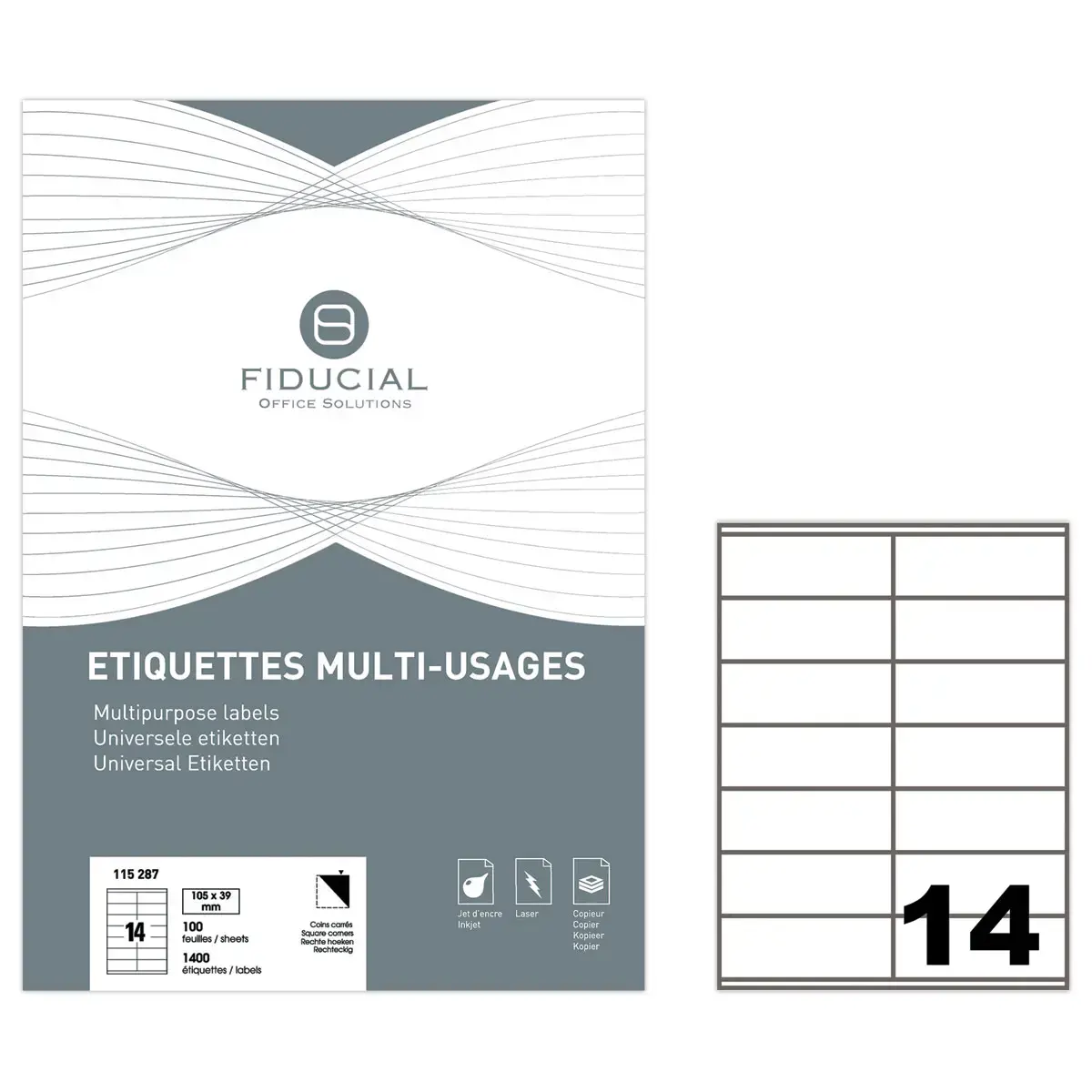 100 Planches de 14 étiquettes à coins ronds - 105 x 39 mm - Fiducial photo du produit