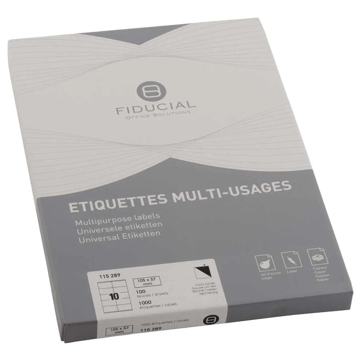 100 Planches de 10 &eacute;tiquettes blanches - Coins carr&eacute;s - 105 x 57 mm - Fiducial photo du produit