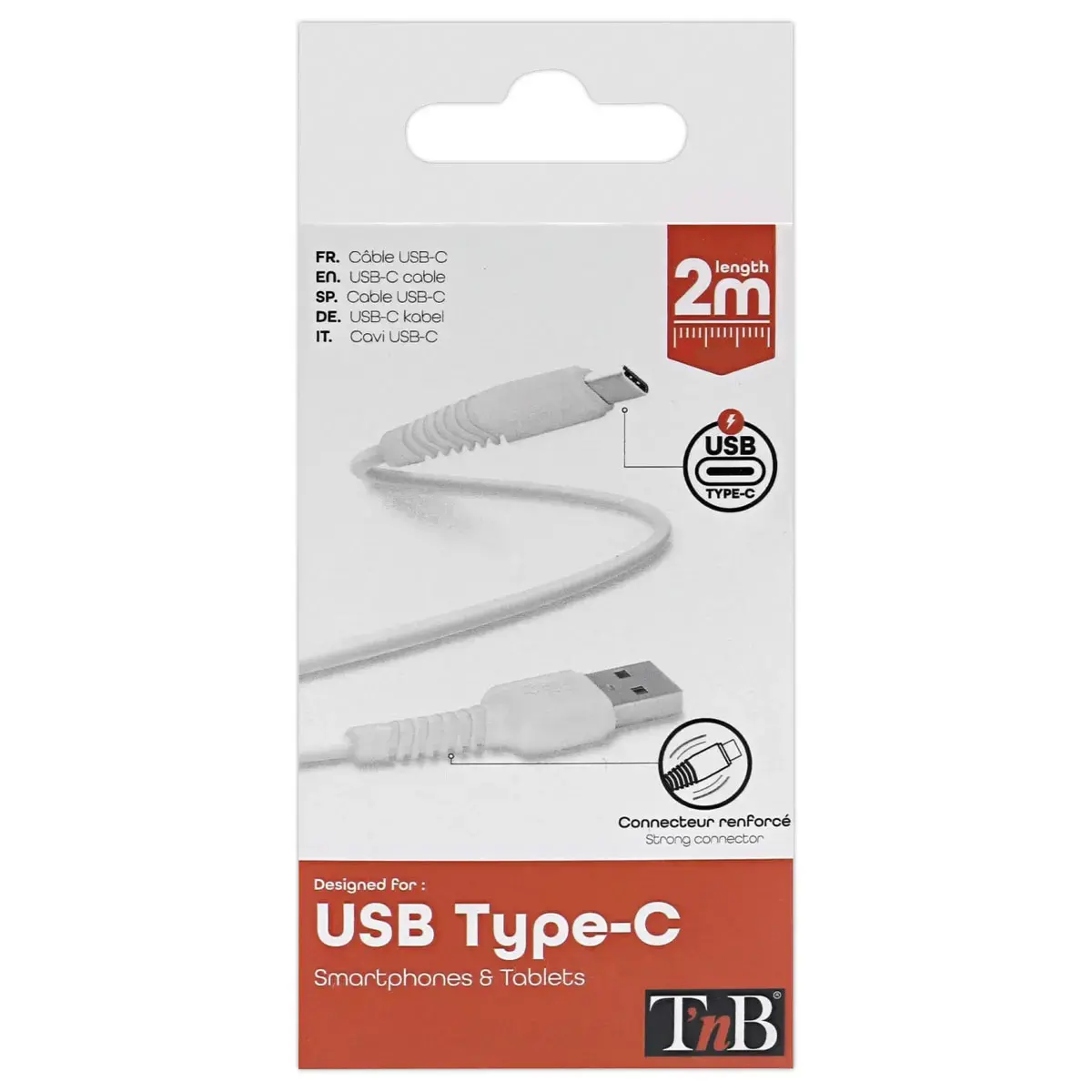 Câble USB-C renforcé - 2m - Blanc - T'NB photo du produit