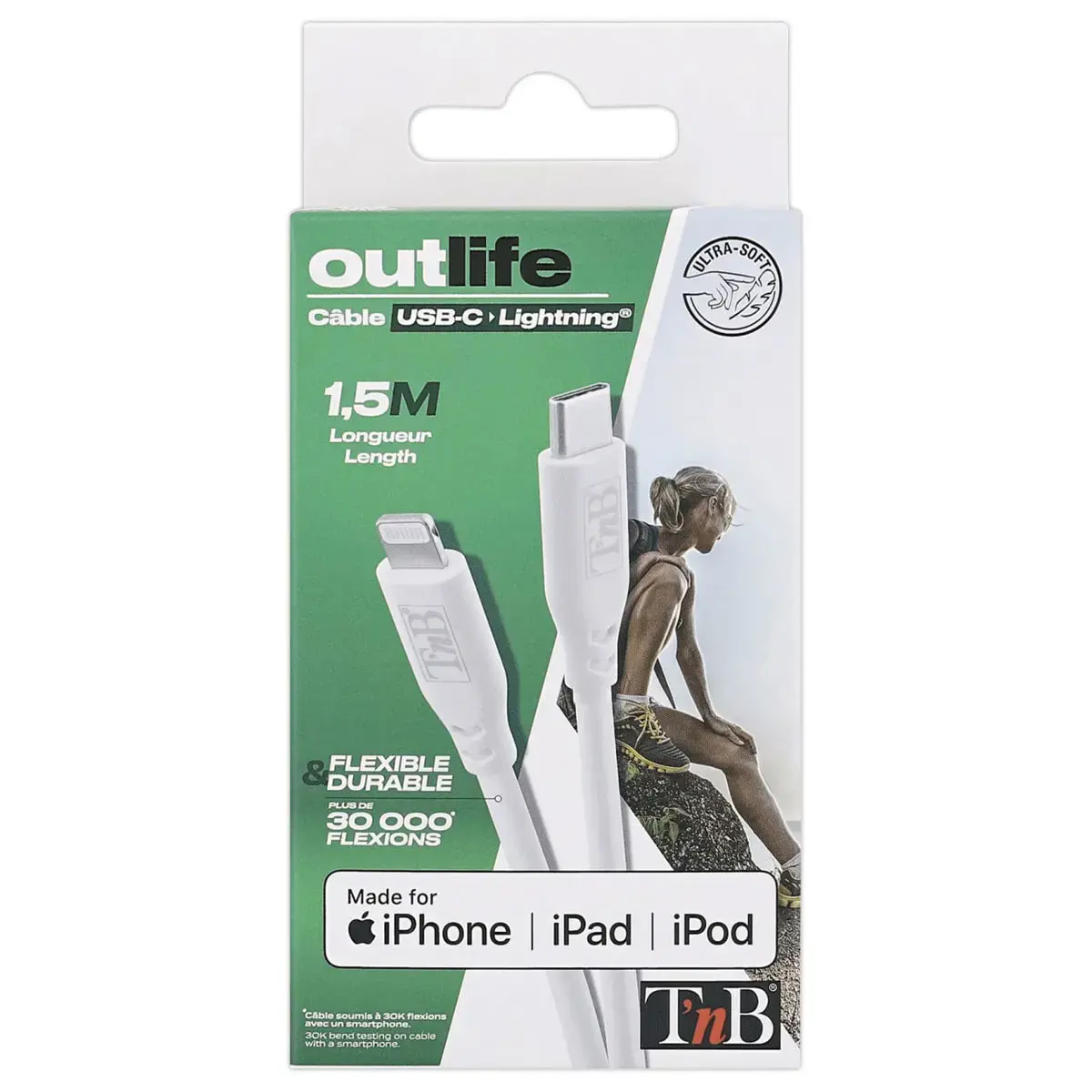 C&acirc;ble USB-C / Lightning - Silicone - Blanc - T'NB photo du produit