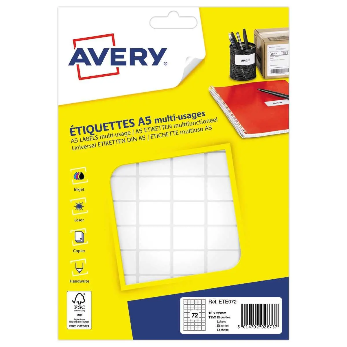 Etiquettes multi-usages blanches - 16 x 22 mm - Etui de 1152 &eacute;tiquettes - AVERY photo du produit