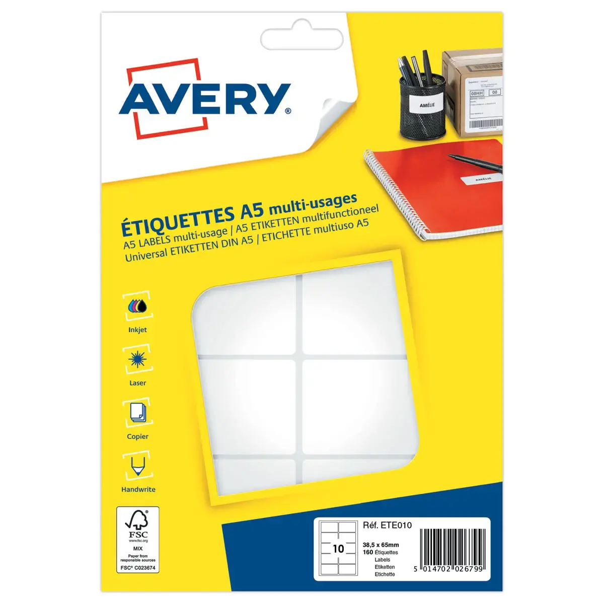 160 &eacute;Tiquettes multi, usages Avery 38,5x65 mm, blanc photo du produit