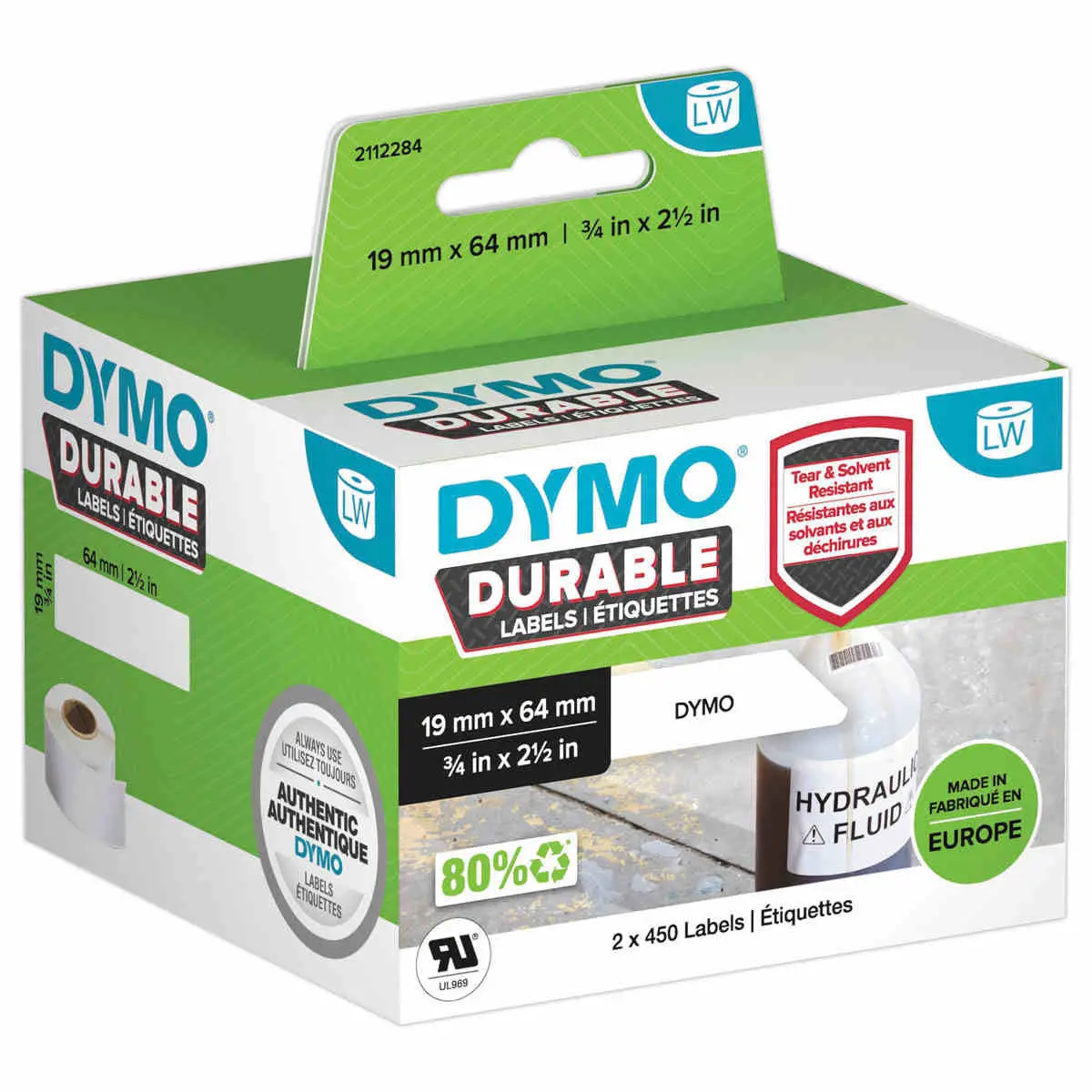 2 Rouleaux de 450 &eacute;tiquettes Durable LW pour code-barres - 19 x 64 mm - DYMO photo du produit