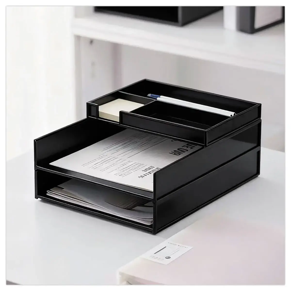 Set de 2 corbeilles &agrave; courrier noires avec trieur de bureau photo du produit