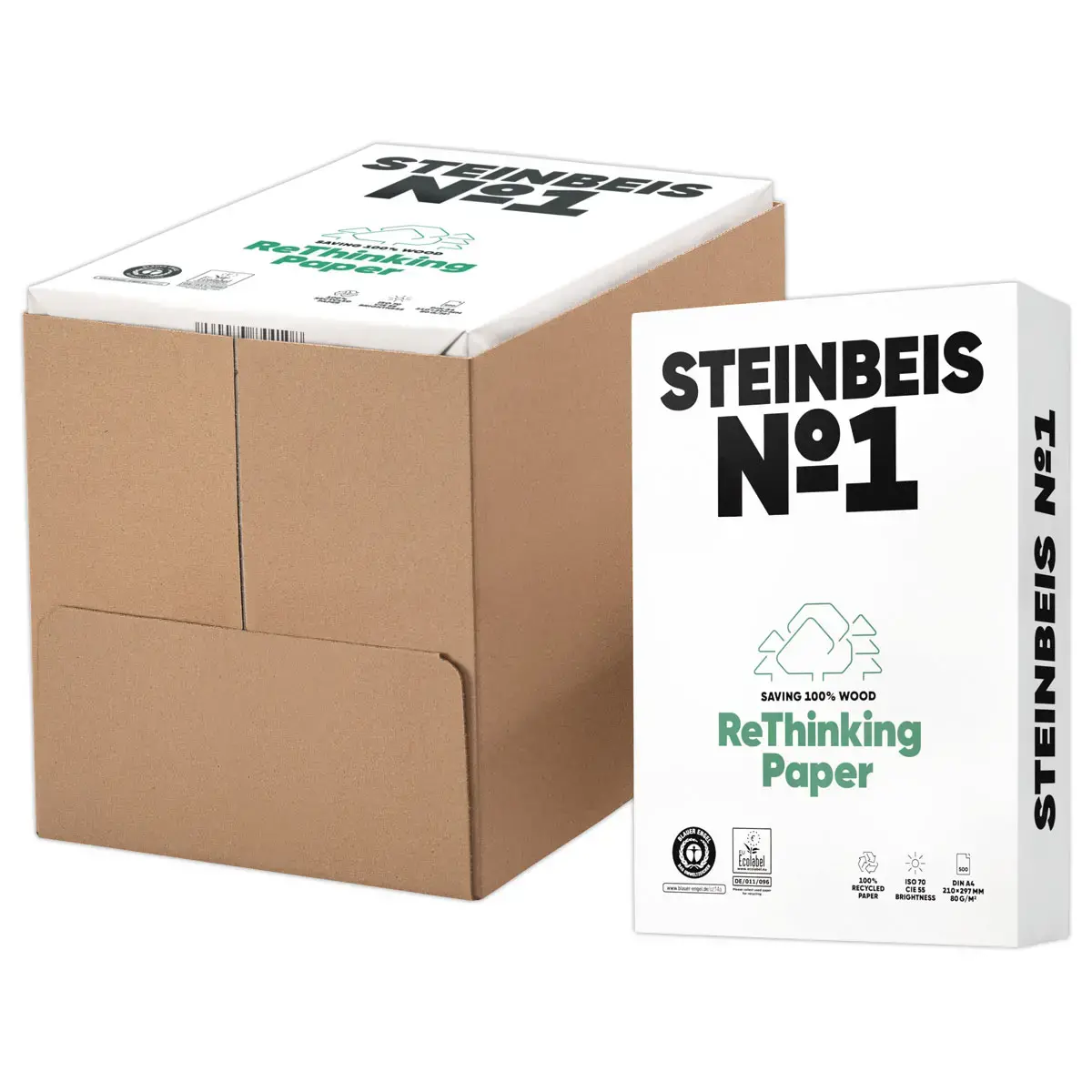 5 Ramettes de 500 feuilles A4 80g Steinbeis 100% recyclé photo du produit