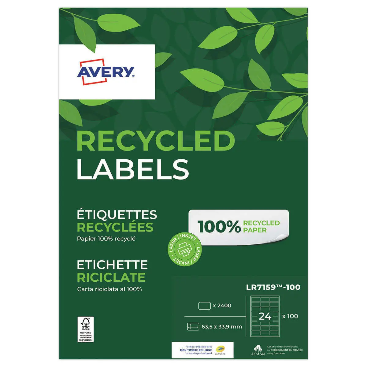 100 Planches d'&eacute;tiquettes laser Avery 63,5x33,9 mm soit 2400 &eacute;tiq/bo&icirc;te photo du produit