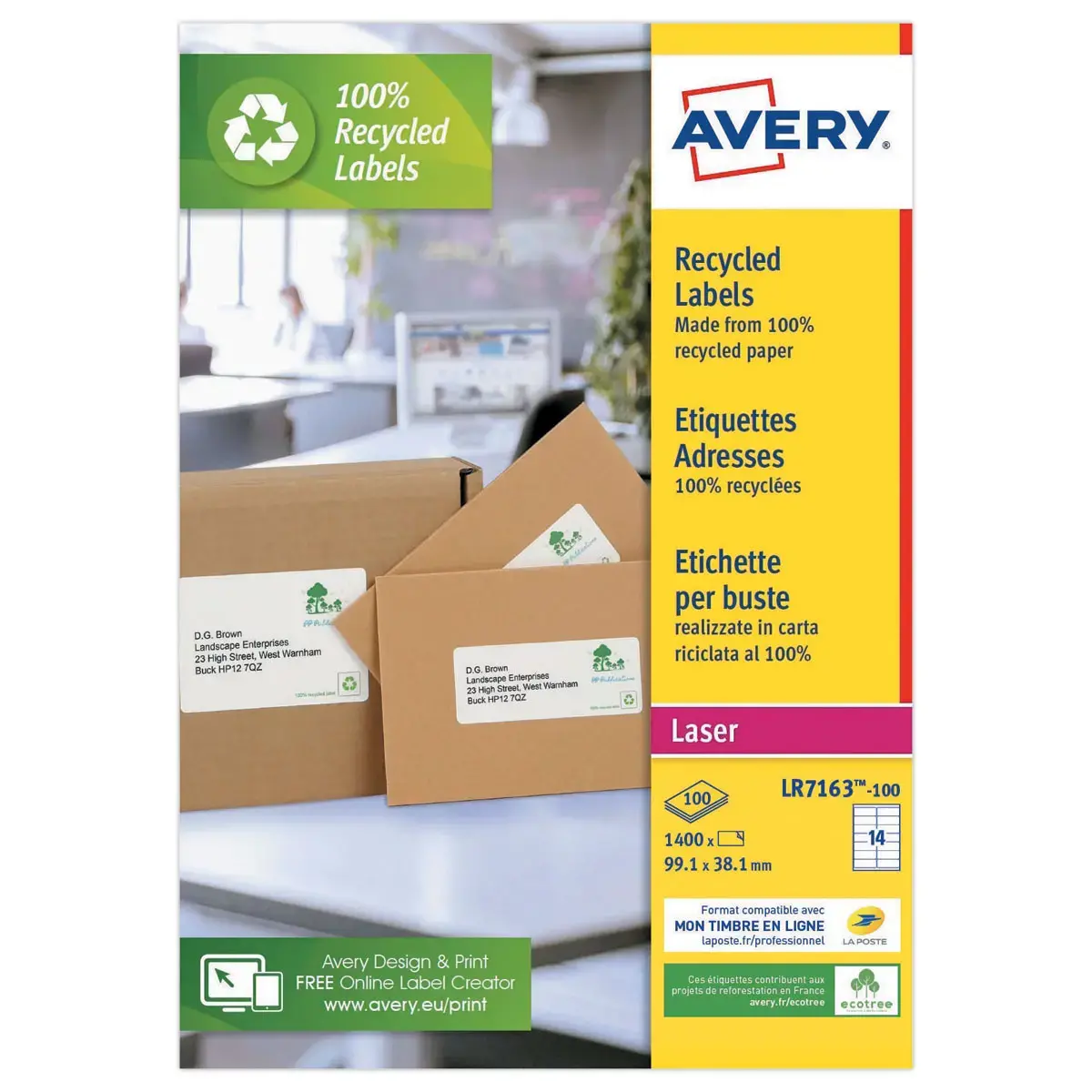 100 Planches d'étiquettes laser Avery 99,1x38,1 mm soit 1400 étiq/boîte photo du produit