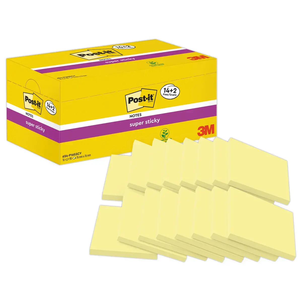16 Notes repositionnables Super Sticky -  76x76 mm jaune - 2 offerts - POST IT photo du produit