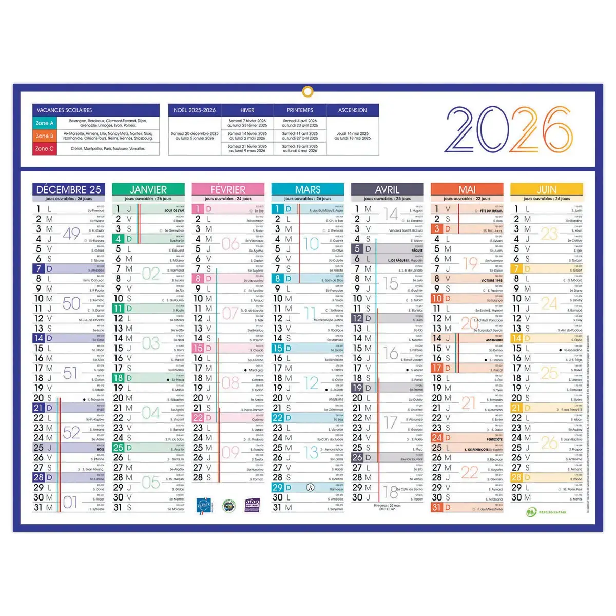 Calendrier 2026 banque Couleurs 14 mois - 42x32 cm - Janvier &agrave; d&eacute;cembre photo du produit