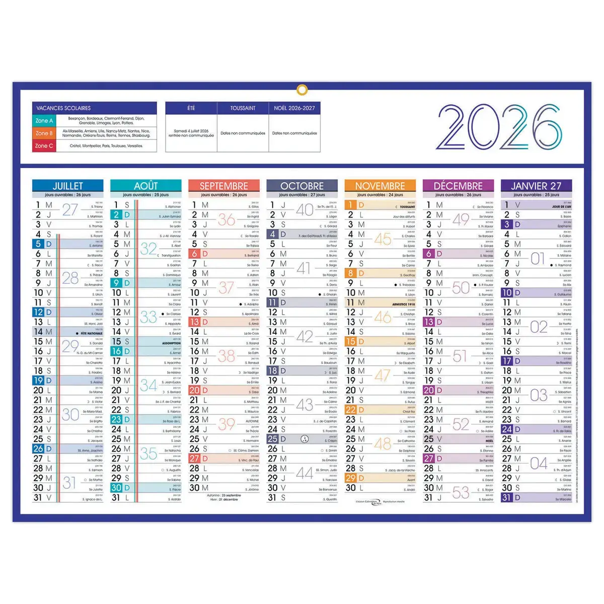 Calendrier 2026 banque Couleurs 14 mois - 42x32 cm - Janvier &agrave; d&eacute;cembre photo du produit