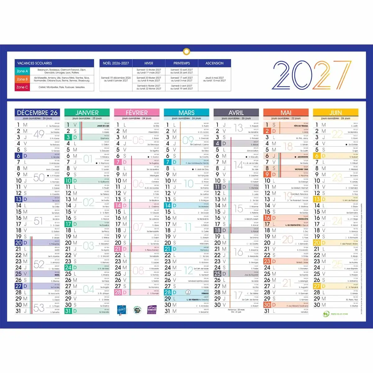 Calendrier 2027 banque Couleurs 14 mois - 42x32 cm - Janvier &agrave; d&eacute;cembre photo du produit