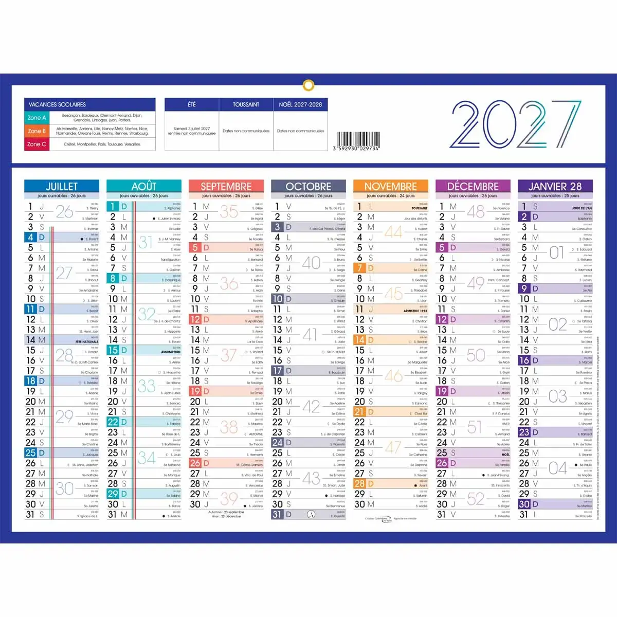 Calendrier 2027 banque Couleurs 14 mois - 42x32 cm - Janvier &agrave; d&eacute;cembre photo du produit