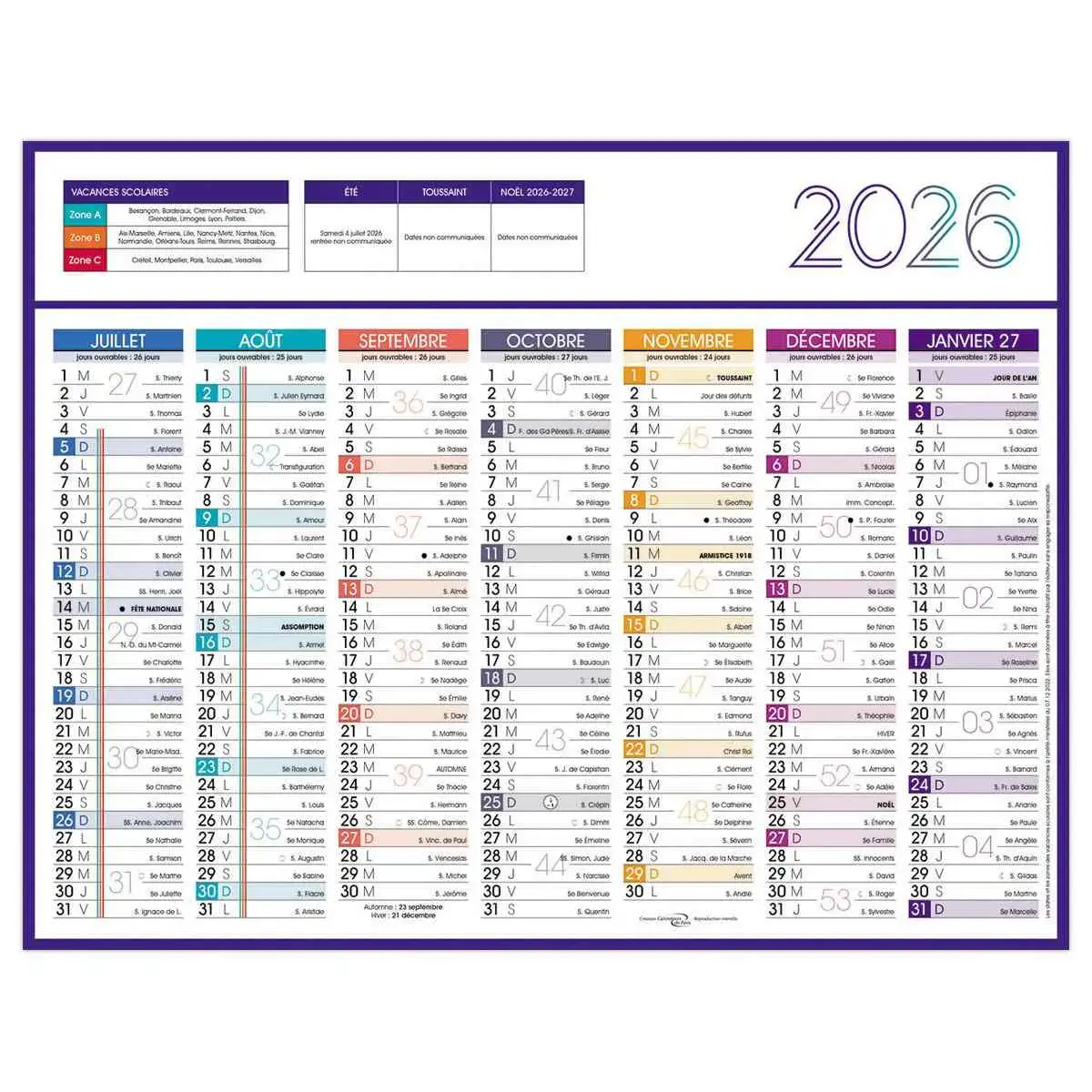 Calendrier 2026 banque Couleurs 14 mois - 27x21cm - Janvier &agrave; d&eacute;cembre photo du produit
