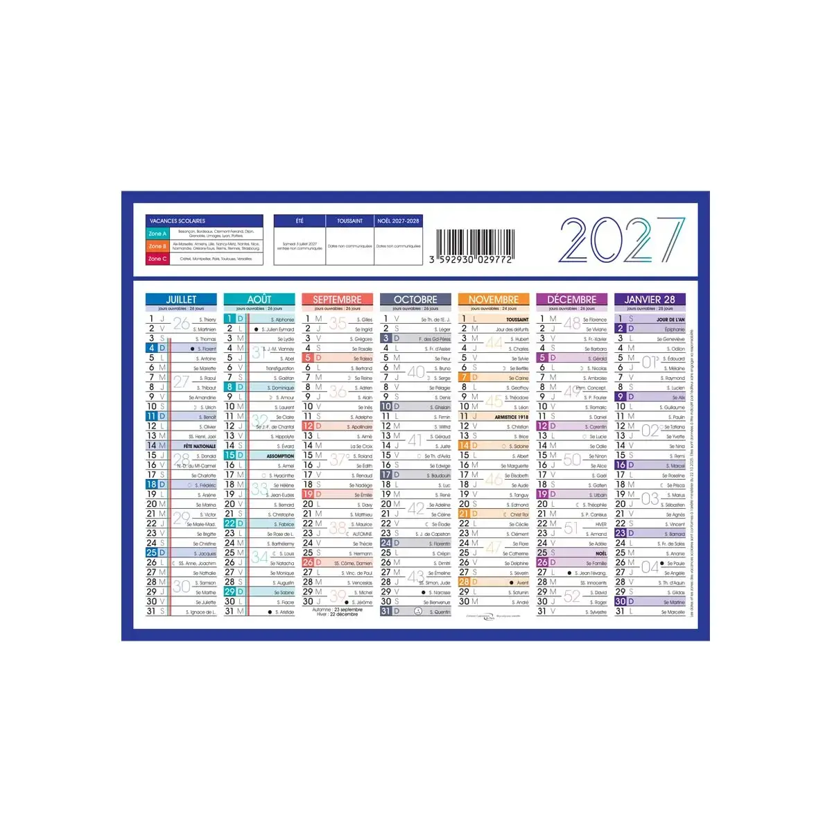 Calendrier 2027 banque Couleurs 14 mois - 27x21cm - Janvier &agrave; d&eacute;cembre photo du produit