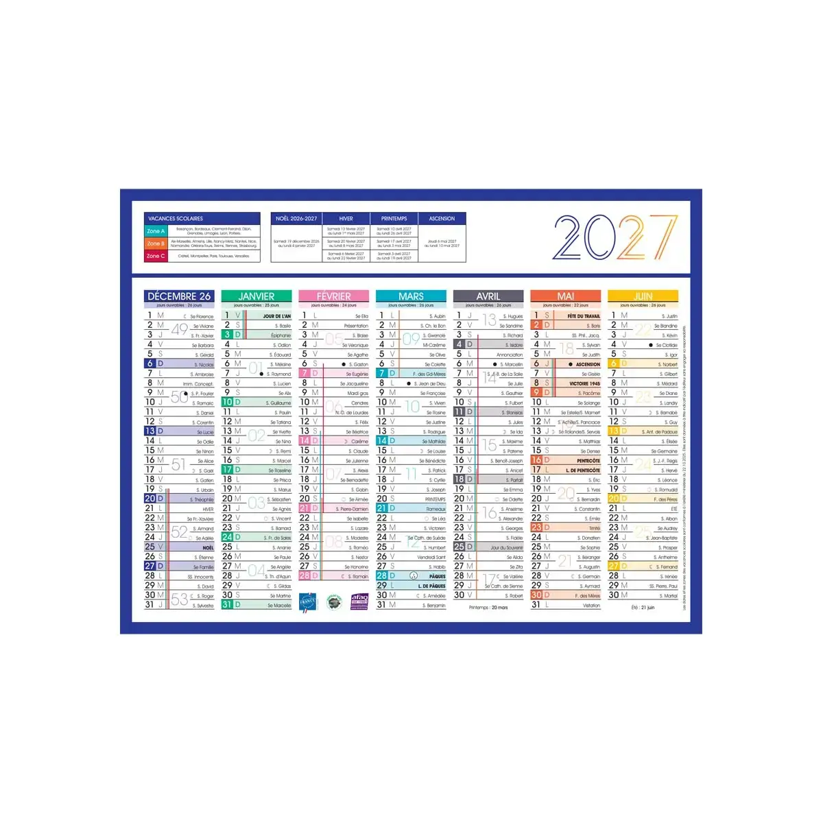 Calendrier 2027 banque Couleurs 14 mois - 27x21cm - Janvier &agrave; d&eacute;cembre photo du produit